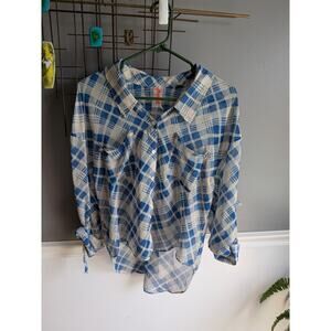 Free People Womens Button Front Shirt Blue White Plaid Long Sleeve xs